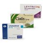 Illustrasjon av prøvepakker for Cialis, Viagra eller Levitra